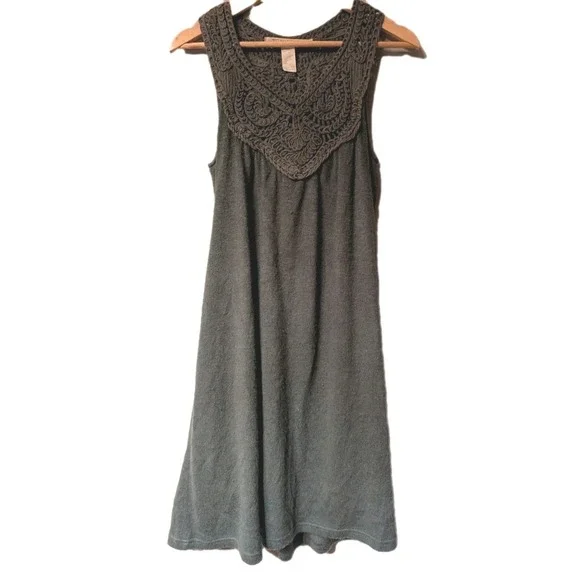 S/M Boho Crochet Neck Lined Stretch Knit Women's Artsy Lagenlook A-Line Dress - Picture 3 of 5